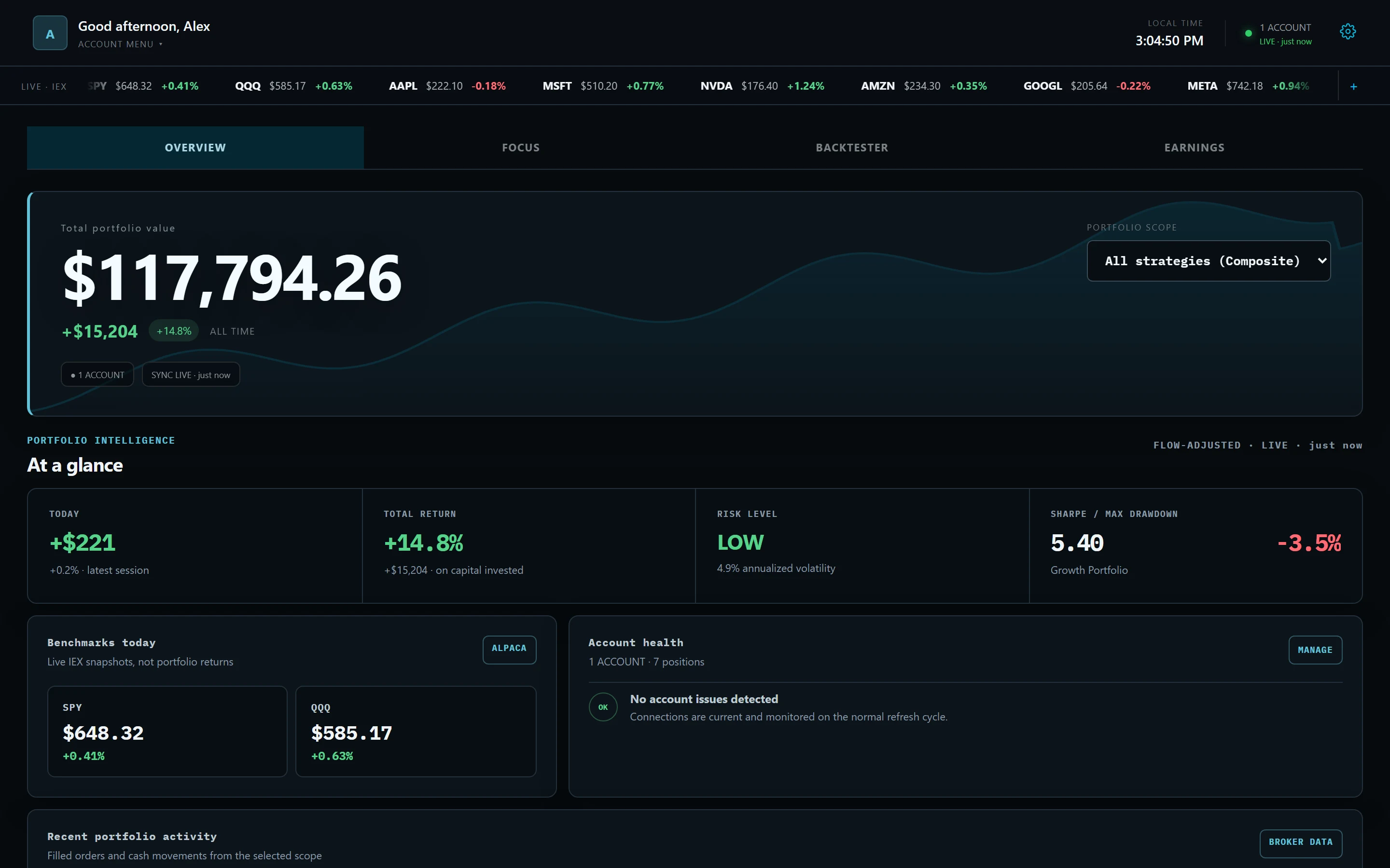 The Meridian Overview screen on a laptop: total portfolio value, at-a-glance return and risk tiles, live benchmarks, and recent portfolio activity.